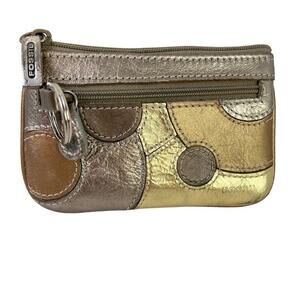 Fossil Womens Metallic Leather Coin Purse ID Holder Small Wallet Key Chain Bag